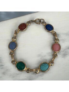 Vintage Multi-Color Scarab Bracelet Gold Tone 6" Oval Links Egyptian Revival